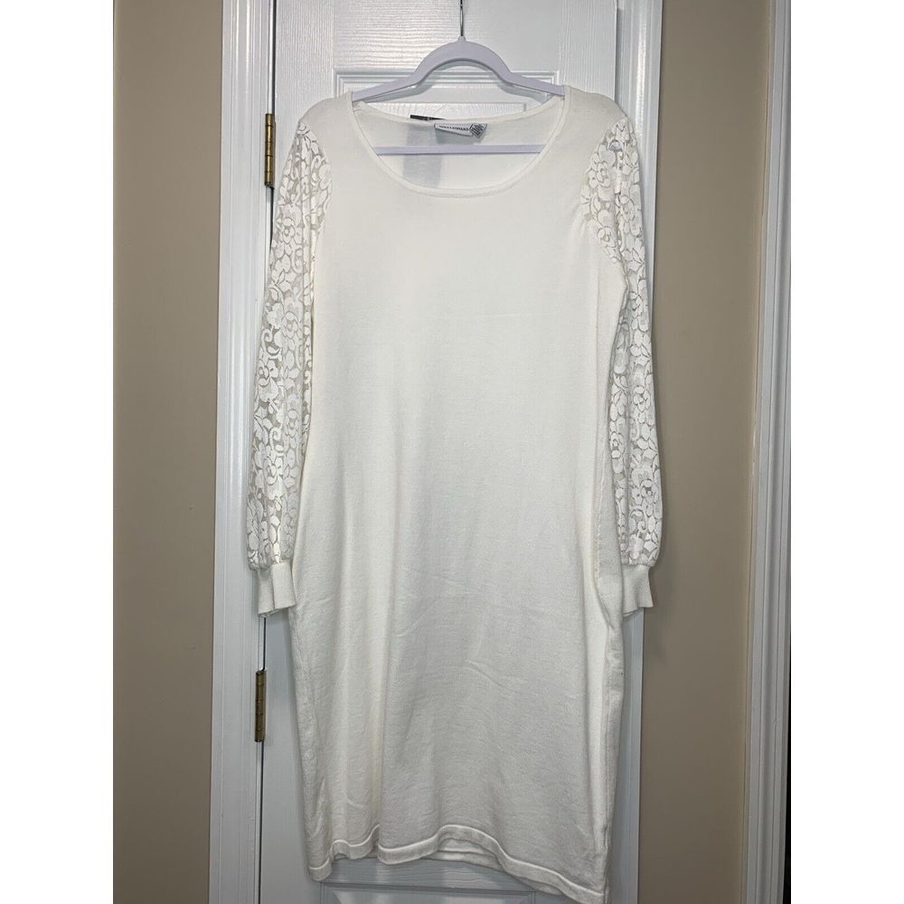 Nina Leonard Sweater Dress White See Through Sleeves Size M MWT